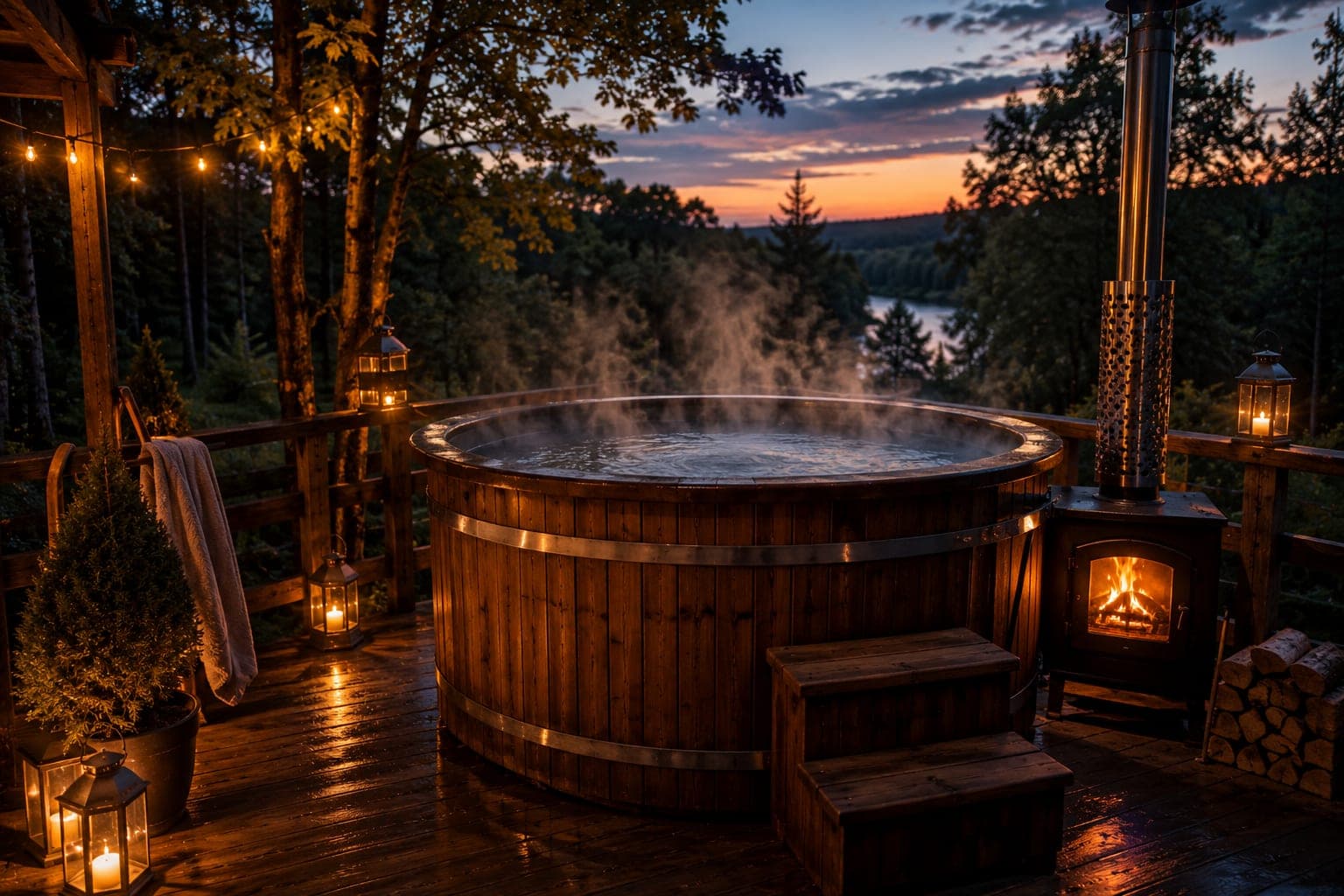 A steaming hot tub at evening dusk